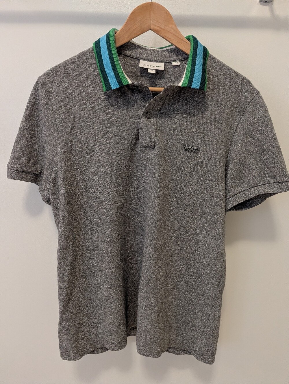 Lacoste Gray Pique Polo with Blue and Green Striped Collar